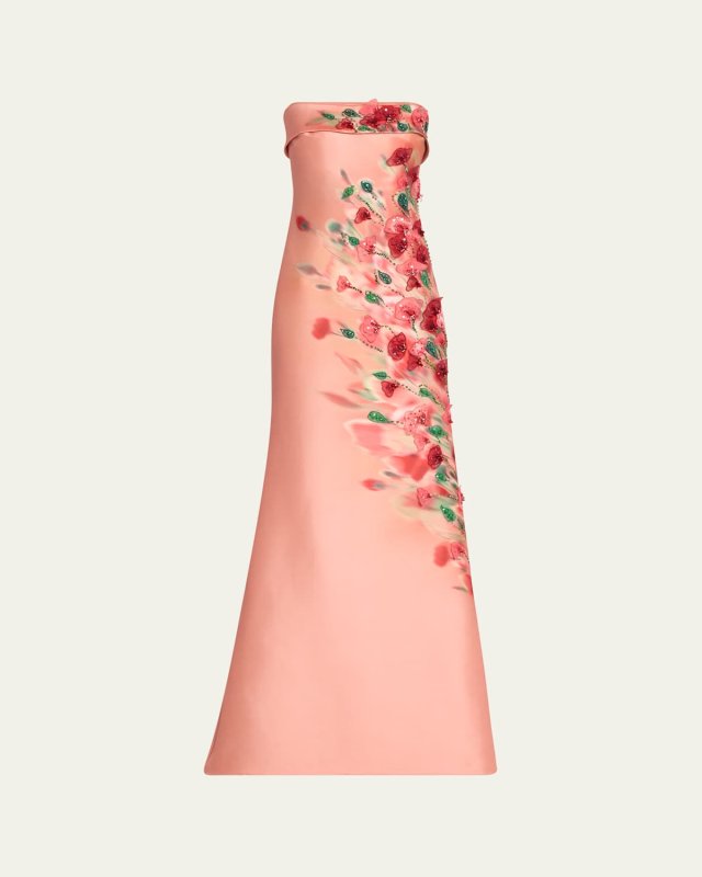 Strapless Embellished Floral-Print Gown